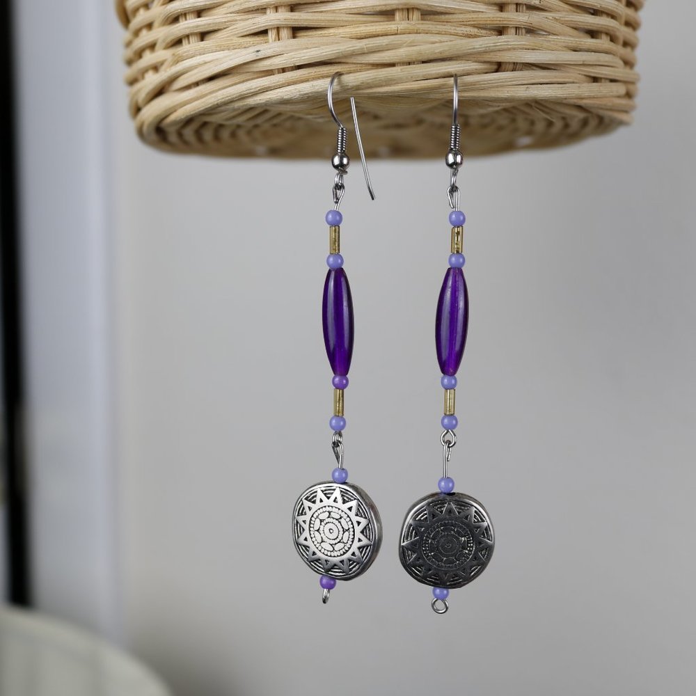 Handmade Purple/Silver Sun Mandala Dangle Earrings - Picture 3 of 4